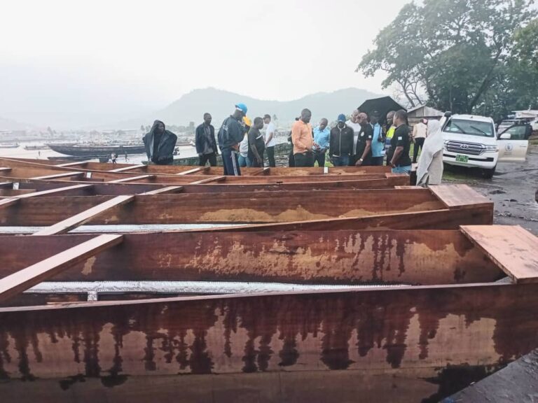 Sous la pluie diluvienne, visite des pirogues en fabrication à   Limbe Down Beach